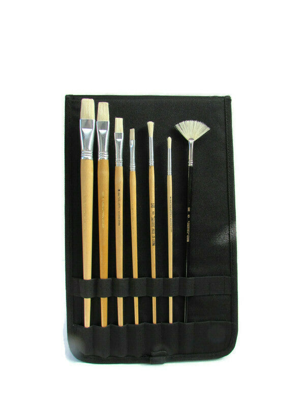 7pcs Artist Paint Brush Set White Bristle Hair Oil-Acrylic with Brush Case