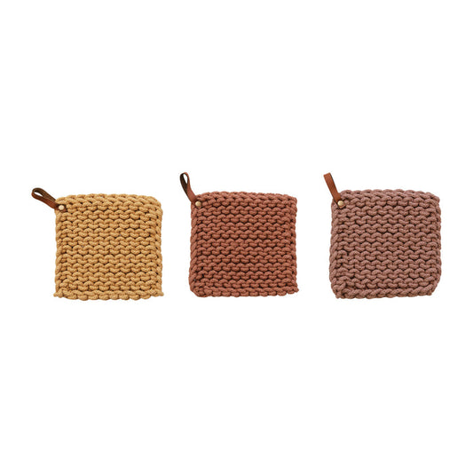 8" Square Cotton Crocheted Pot Holder w/ Leather Loop - Magnolia Lane co. Home + Garden + Gift