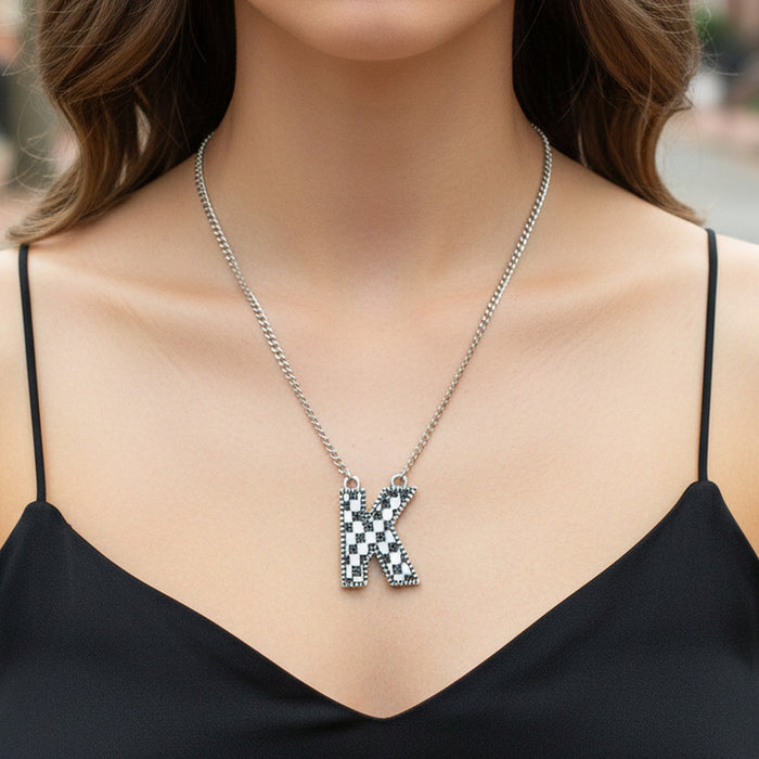 92406 - Checkered "K" Initial Necklace - Black & White