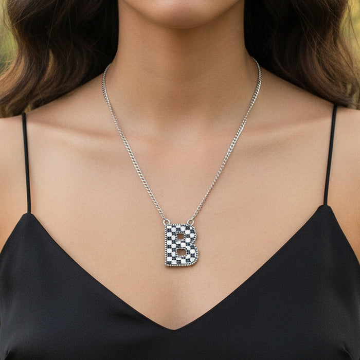 92408 - Checkered "B" Initial Necklace - Black & White