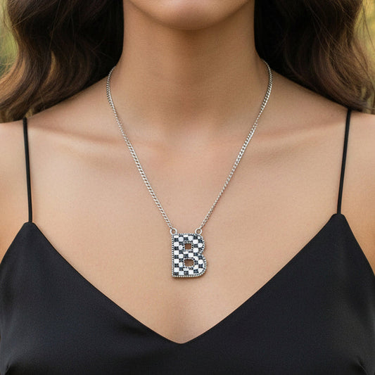 92408 - Checkered "B" Initial Necklace - Black & White