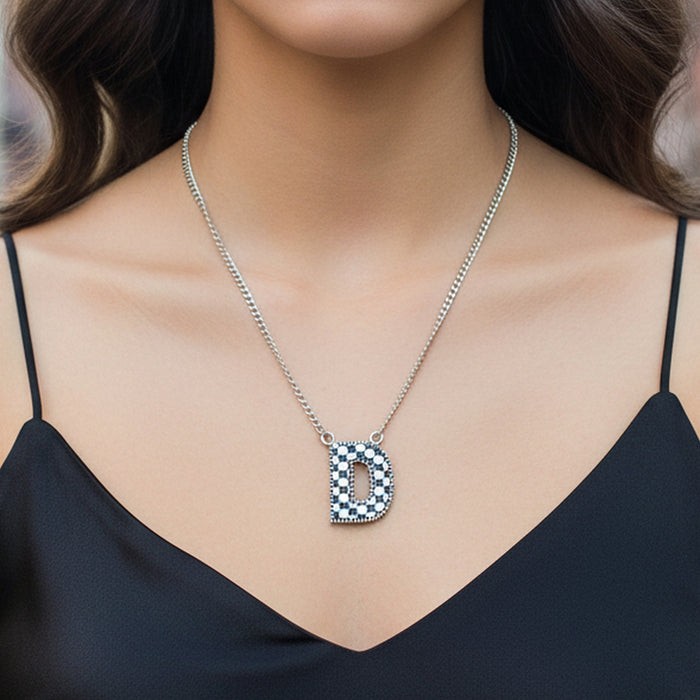 92410 - Checkered "D" Initial Necklace - Black & White