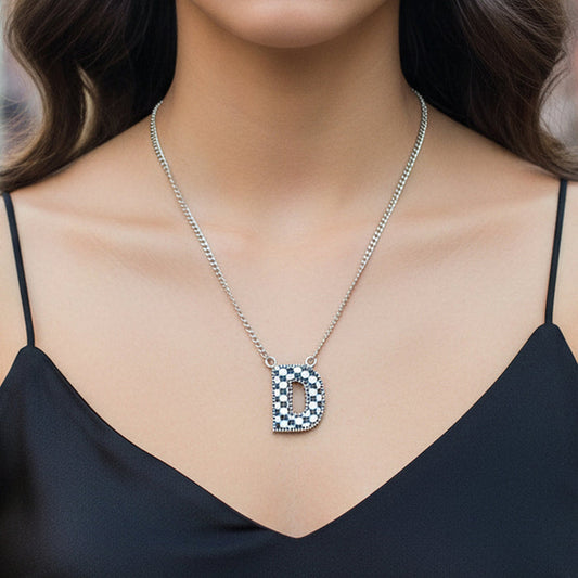 92410 - Checkered "D" Initial Necklace - Black & White