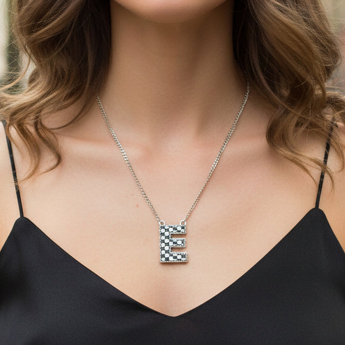 92411 - Checkered "E" Initial Necklace - Black & White