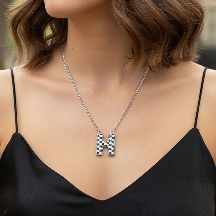 92412 - Checkered "H" Initial Necklace - Black & White