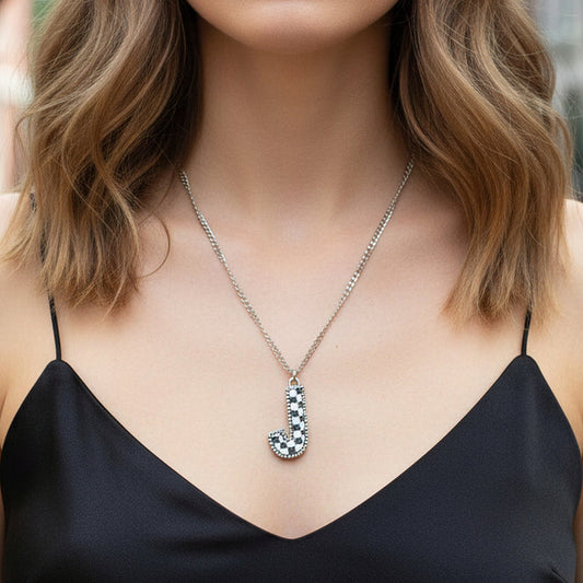 92413 - Checkered "J" Initial Necklace - Black & White
