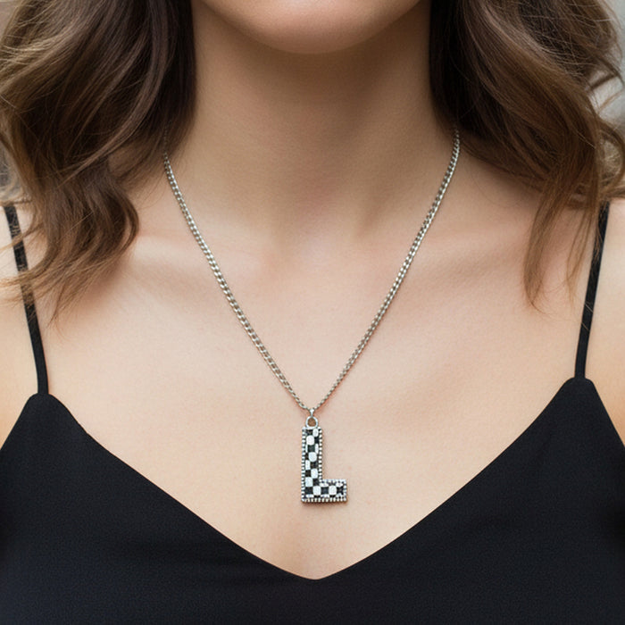 92414 - Checkered "L" Initial Necklace - Black & White