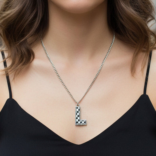 92414 - Checkered "L" Initial Necklace - Black & White