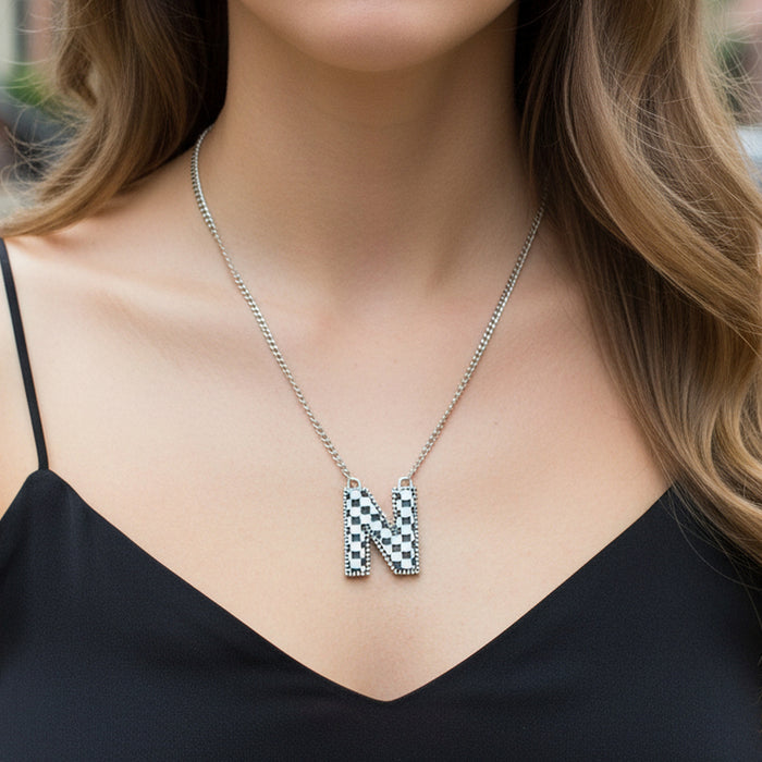 92416 - Checkered "N" Initial Necklace - Black & White