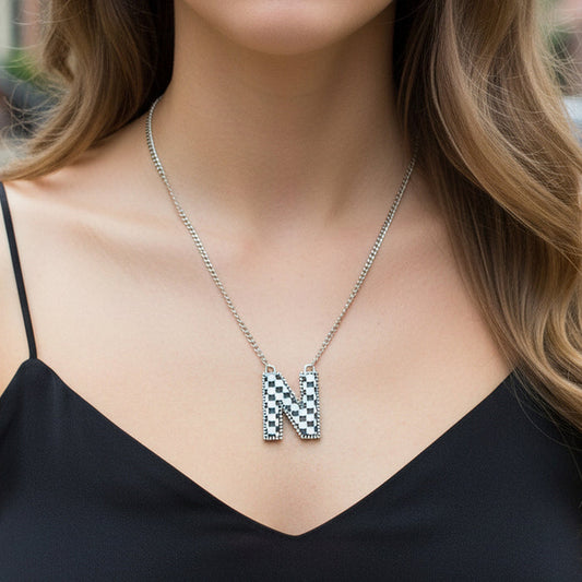 92416 - Checkered "N" Initial Necklace - Black & White