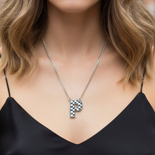 92417 - Checkered "P" Initial Necklace - Black & White