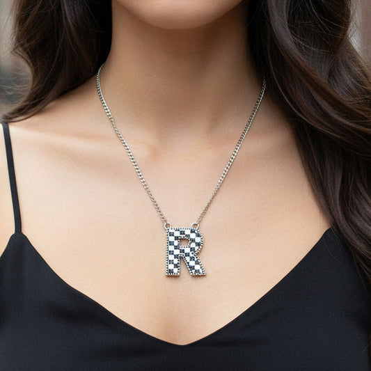 92418 - Checkered "R" Initial Necklace - Black & White