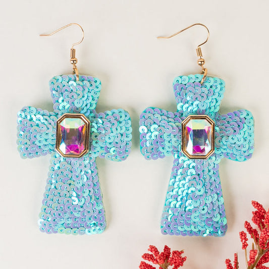 93262 - Sequin Cross Earrings - Turquoise