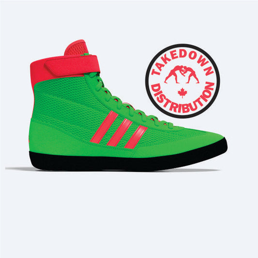 A neon green high-top athletic shoe with bright pink accents, including three stripes on the side, a pink ankle strap, and a black sole. A circular 'Takedown Distribution' logo is shown to the right on a light gray background.