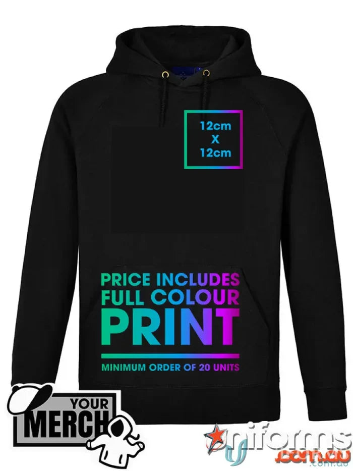 MERCHANDISE Promotional Products for Expos and Events Australia FL07-FULLPRINT-12 Adult Full Colour Print Hoodie in Black front product.