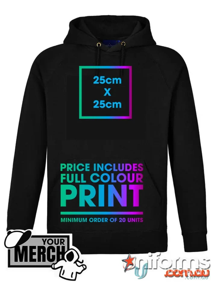 MERCHANDISE Promotional Products for Expos and Events Australia FL07-FULLPRINT-25 Adult Full Colour Print Hoodie in Black front product.