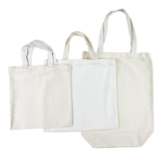 Set of three off-white cotton tote bags in 3 sizes, on a white background.