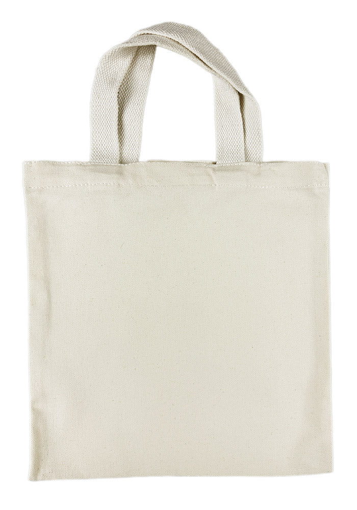 11" x 11.75" off-white cotton tote bag on white background.