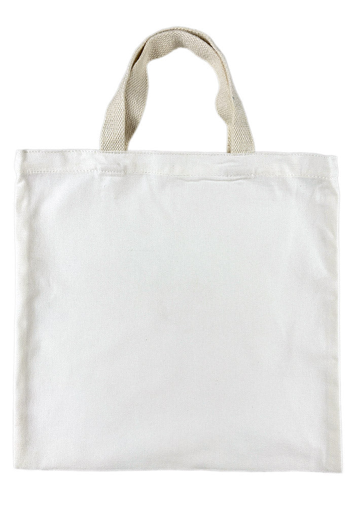 13.75" x 13.75" off-white square cotton tote bag on a white background.