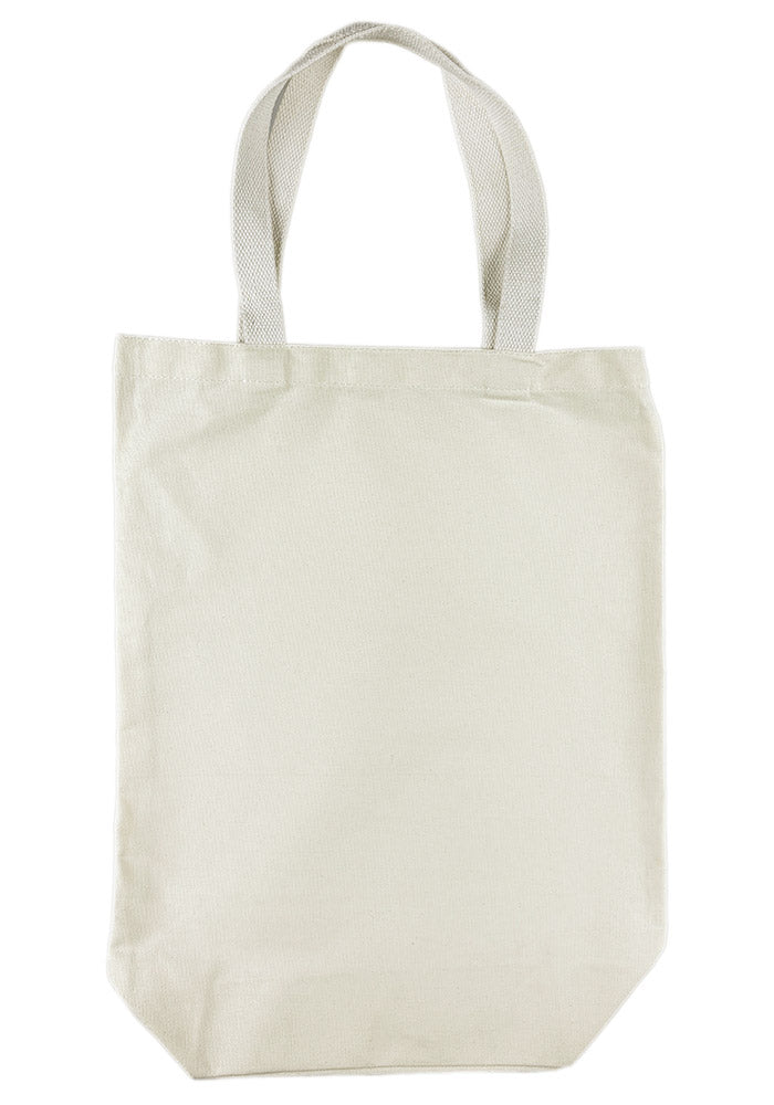 13.75" x 18" off-white cotton tote bag with a 5" gusset on white background.