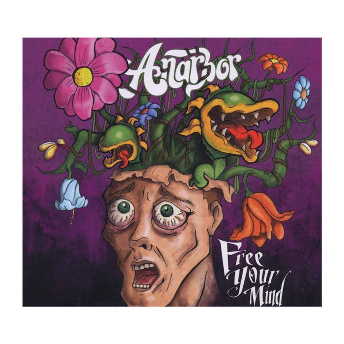 A frightened face with an open head has colorful flowers and a snarling plant growing out. The words Anarbor and Free Your Mind are written in stylized white text on a purple background, capturing a bold pop-punk vibe.