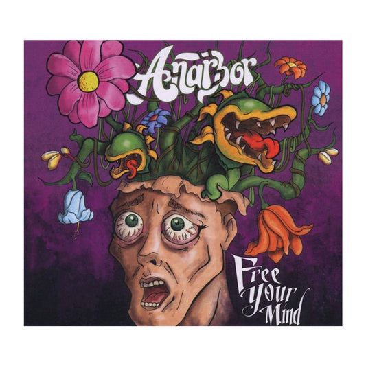 A frightened face with an open head has colorful flowers and a snarling plant growing out. The words Anarbor and Free Your Mind are written in stylized white text on a purple background, capturing a bold pop-punk vibe.