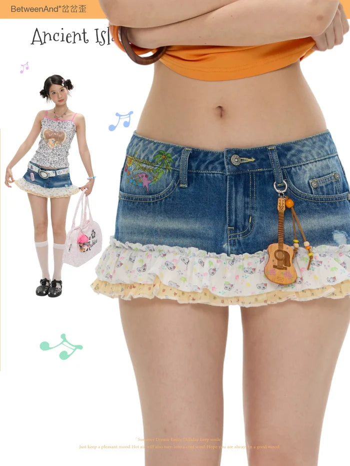 Ancient island cute floral jeans skirt