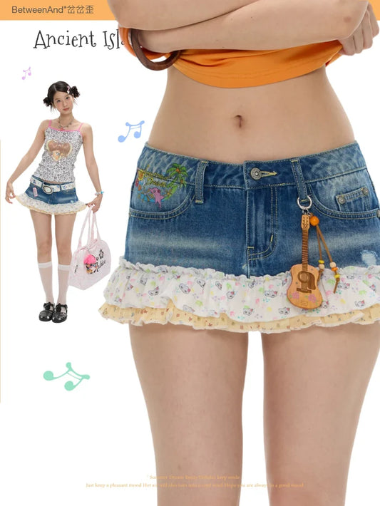 Ancient island cute floral jeans skirt