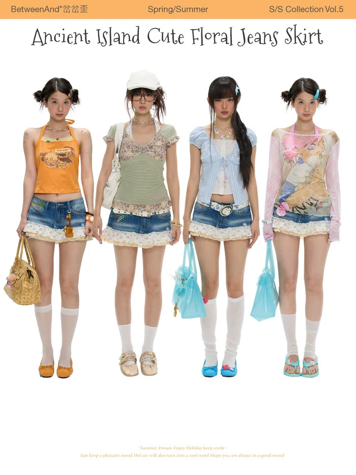 Ancient island cute floral jeans skirt