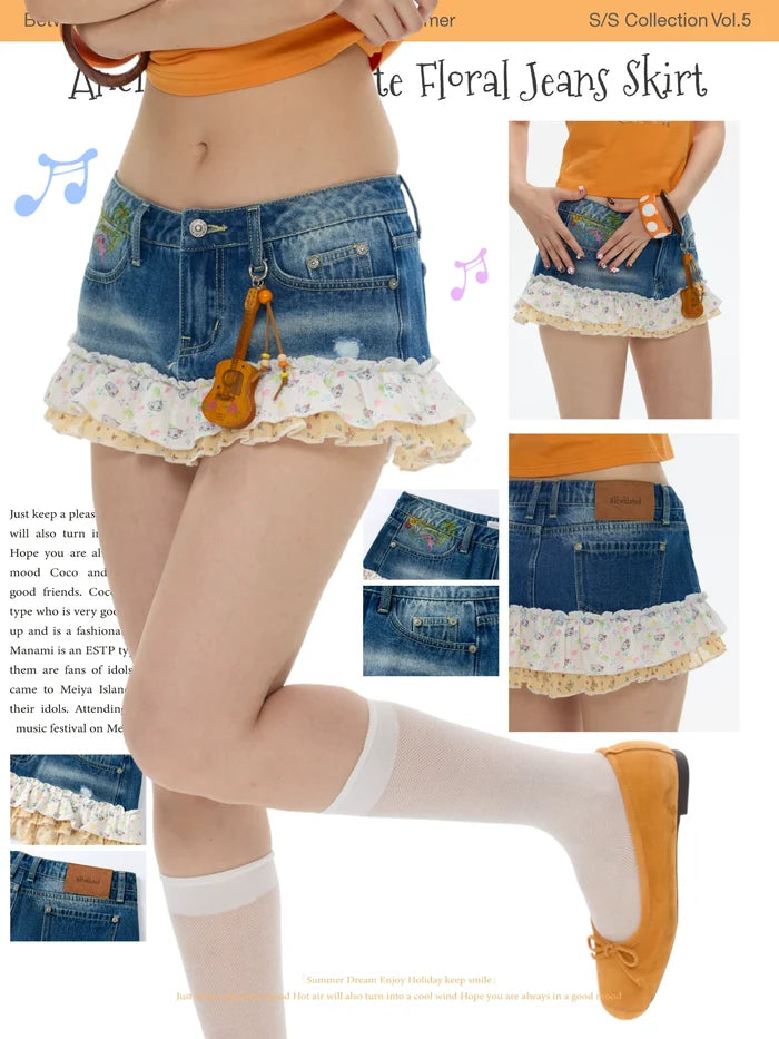 Ancient island cute floral jeans skirt