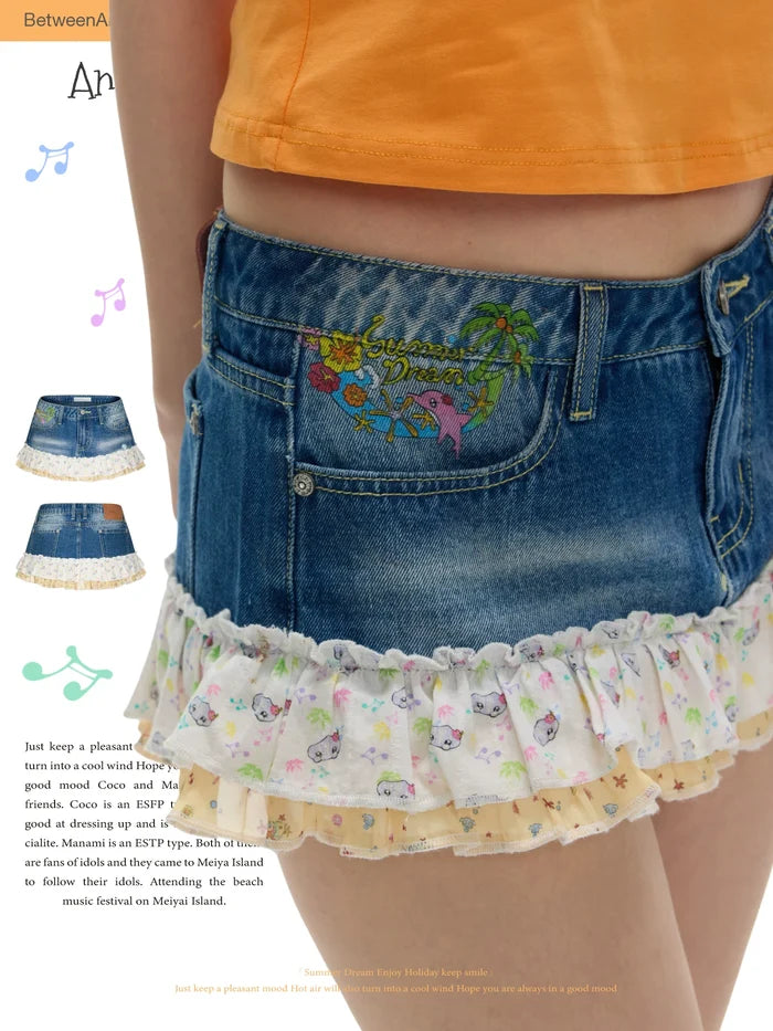 Ancient island cute floral jeans skirt