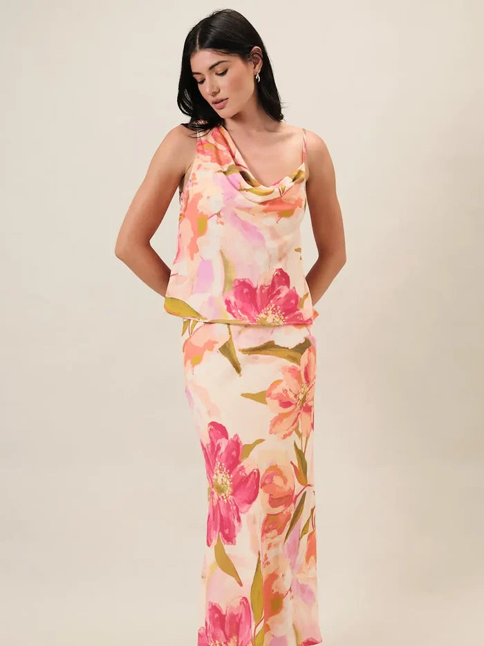 Asymmetric Cowl Neck Sleeveless Floral Top