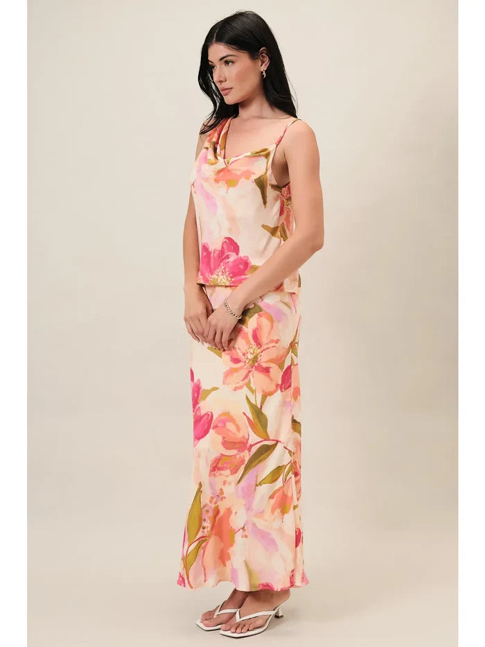 Asymmetric Cowl Neck Sleeveless Floral Top