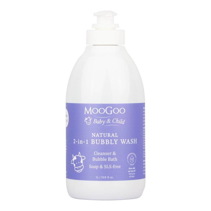 Bottle of MooGoo Baby & Child Natural 2-in-1 Bubbly Wash 1 Litre on a white background