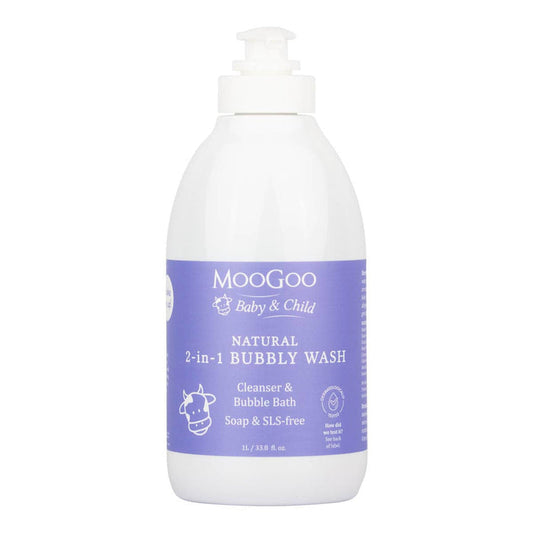 Bottle of MooGoo Baby & Child Natural 2-in-1 Bubbly Wash 1 Litre on a white background