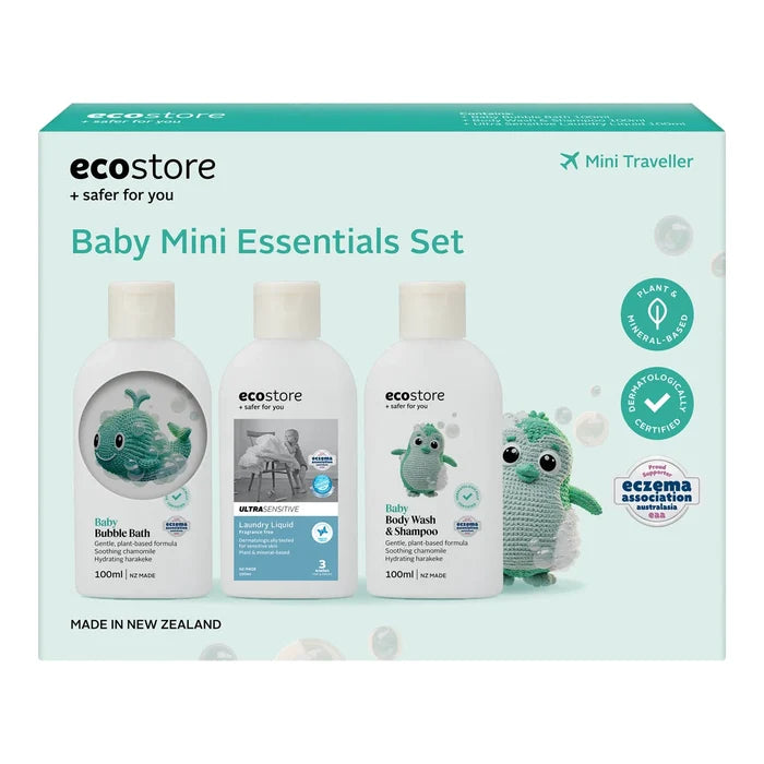 Front of 3 pack Baby Mini Essentials Set showing contents - Baby Bubble Bath, Baby Body Wash & Shampoo and Ultra Sensitive Laundry Liquid.