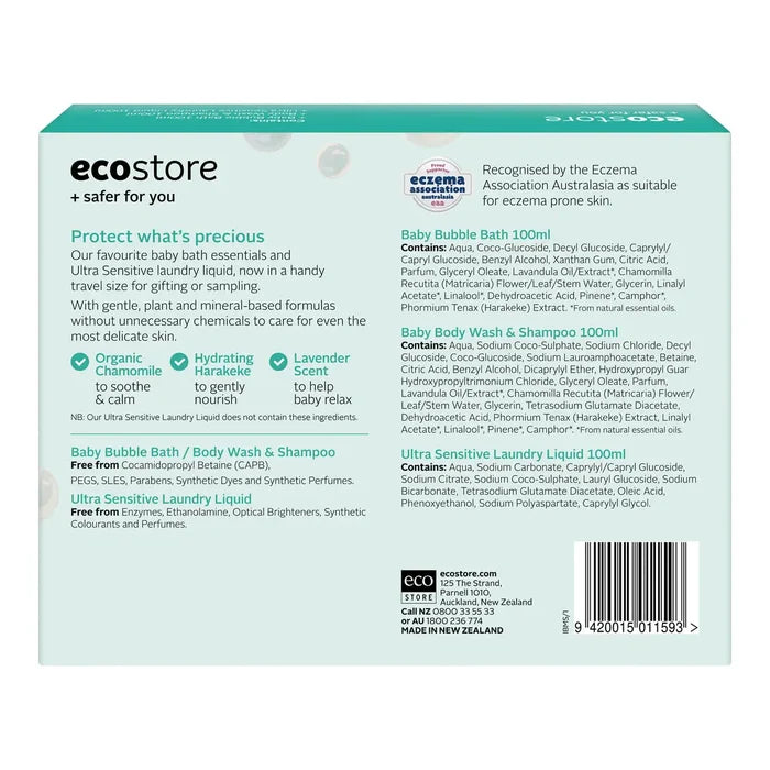 Back of box packaging of Baby Mini Essentials pack showing ingredients, product benefits and Eczema Association Australasia logo.