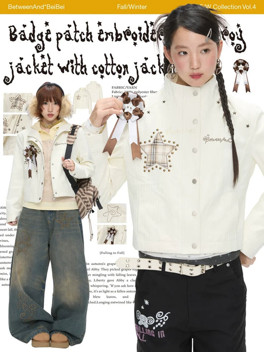 Badge patch embroidered corduroy jacket