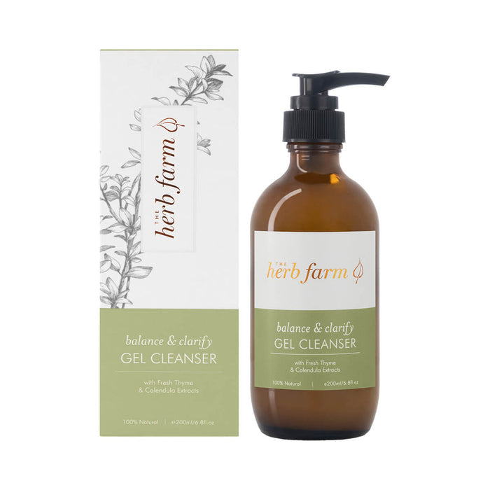 200ml pump bottle The Herb Farm Balance & Clarify Gel Cleanser with fresh thyme and calendula extracts.
