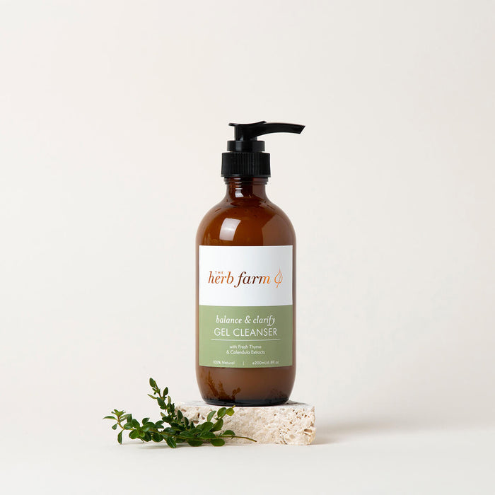 200ml pump bottle The Herb Farm Balance & Clarify Gel Cleanser with fresh thyme and calendula extracts.