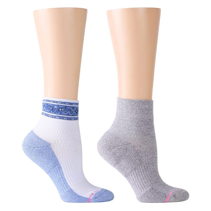 Quarter compression socks featuring a blue and white bandana stripe design and a solid gray color.