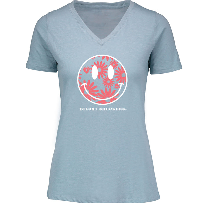 Biloxi Shuckers Women's V-Neck Happy Face Tee
