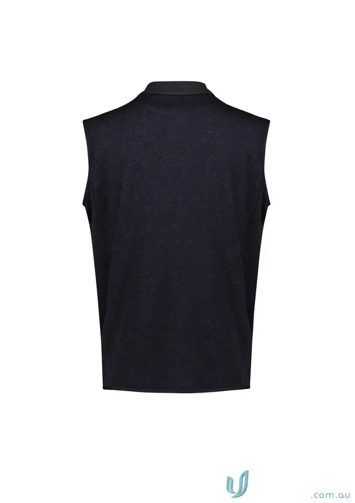 Men’s Nova modern style sleeveless dark blue polo shirt with black collar for Biz Mens Nova Zip Front Vest