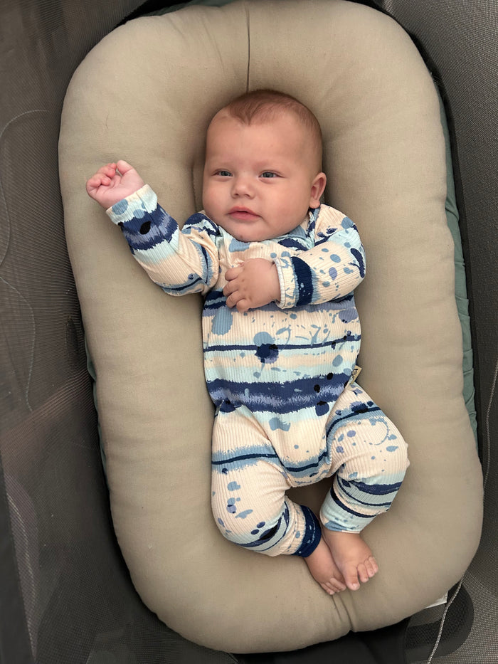 Blue Abstract Stripe Ribbed Harem Romper