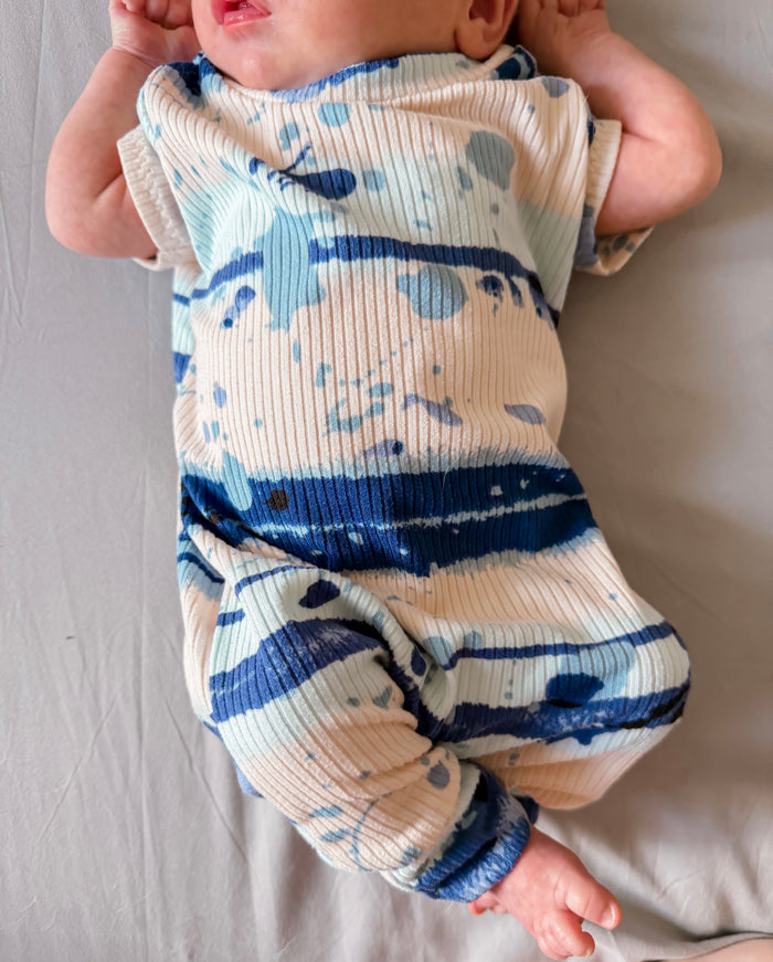 Blue Abstract Stripe Ribbed Harem Romper