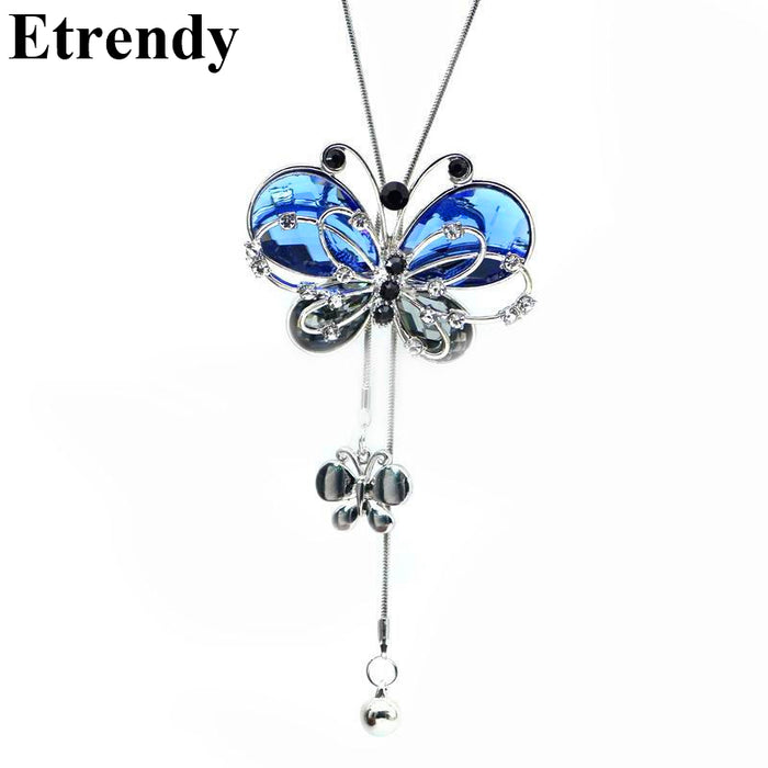Blue Crystal Butterfly Necklace Women Long Necklaces & Pendants New Fashion Jewelry Wholesale
