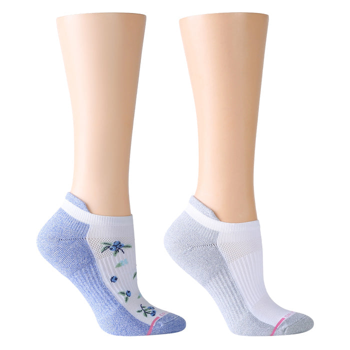 Ankle compression socks featuring a blue and white color scheme with floral embroidery on one sock.