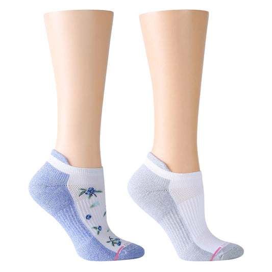 Ankle compression socks featuring a blue and white color scheme with floral embroidery on one sock.