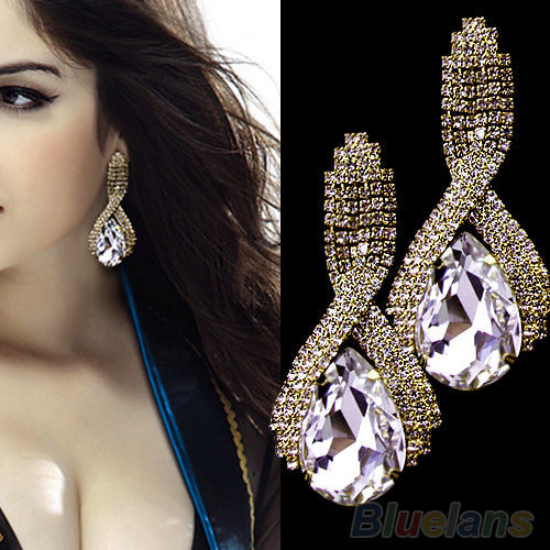 Bluelans Charming Women's Sparkling Rhinestone Luxury Waterdrop Crystal Golden Drop Earrings