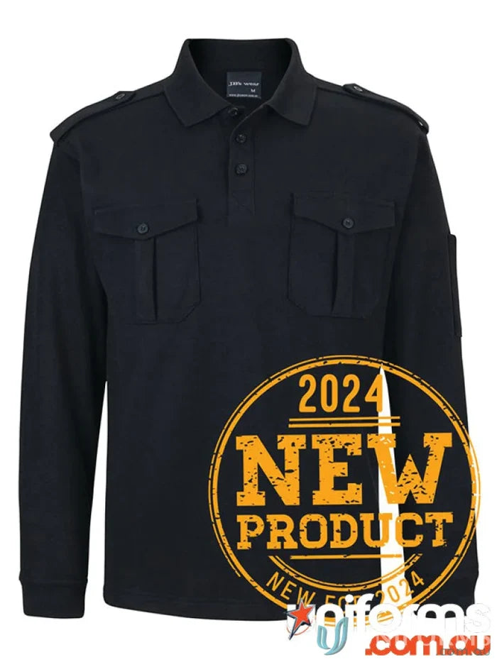 Black JB’s Epaulette LS Polo in pique knit fabric, perfect for a stylish long sleeve polo vibe